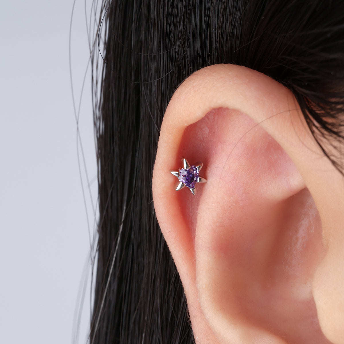 Purple Heart Star Stud - Stainless Steel - Upper Lobe, Helix, Flat - Oumo Jewelry