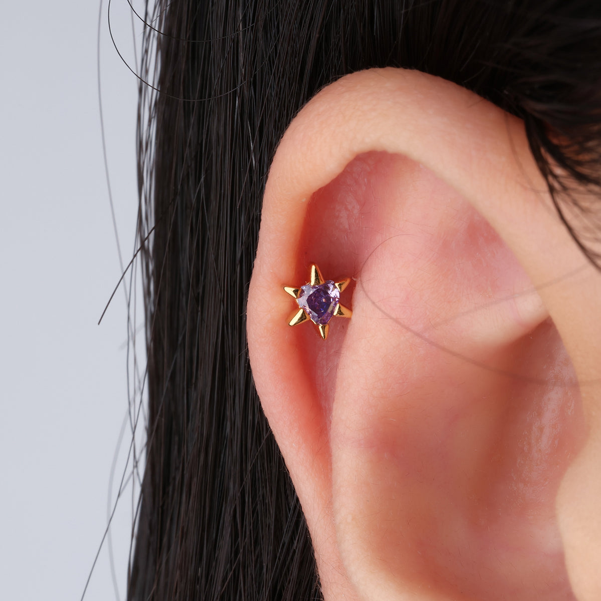 Purple Heart Star Stud - Stainless Steel - Upper Lobe, Helix, Flat - Oumo Jewelry
