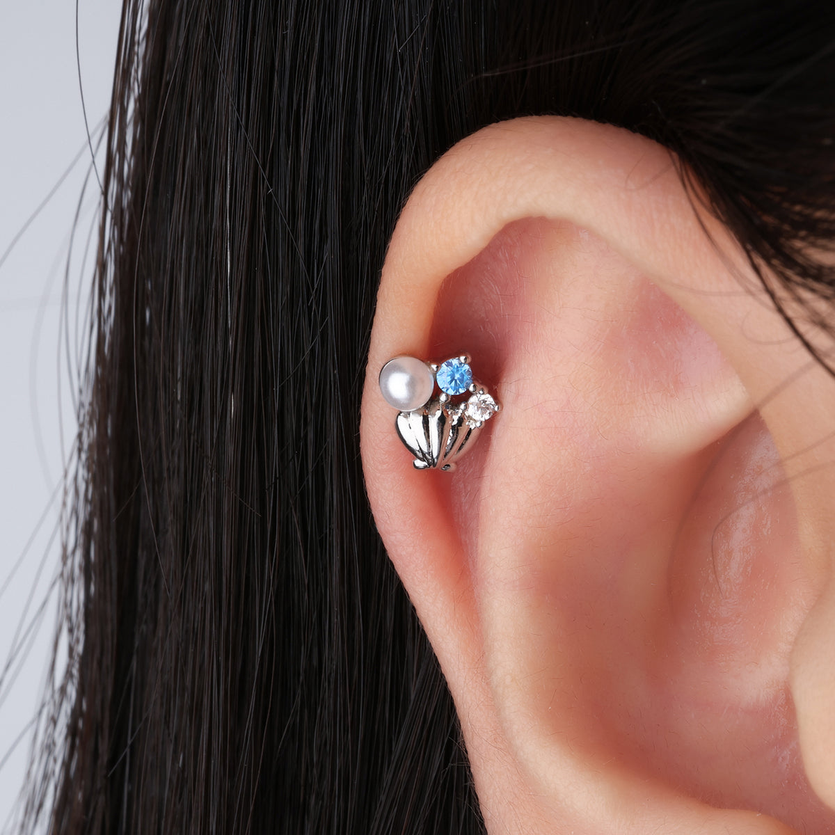 Blue Gem Shell Pearl Stud - Stainless Steel - Upper Lobe, Helix - Oumo Jewelry