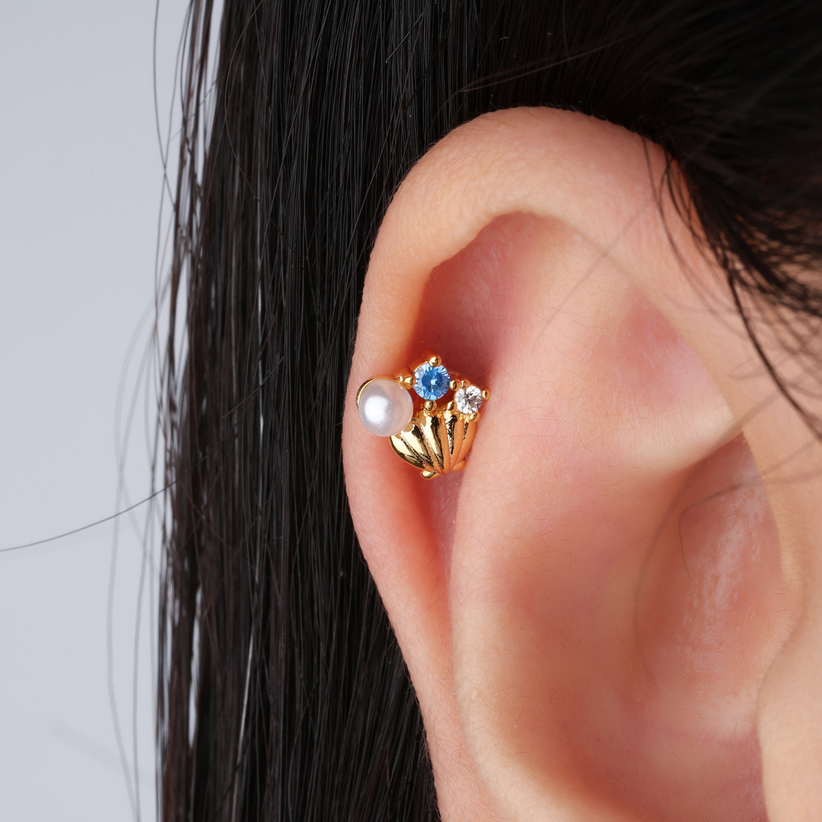 Blue Gem Shell Pearl Stud - Stainless Steel - Upper Lobe, Helix - Oumo Jewelry