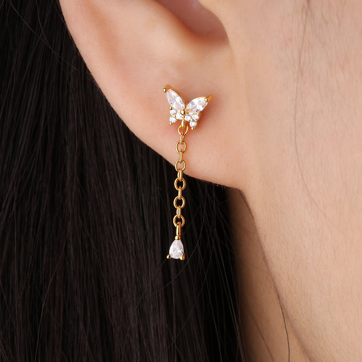 Butterfly Water Drop Pendant Chain - Stainless Steel - Lobe, Upper Lobe - Oumo Jewelry