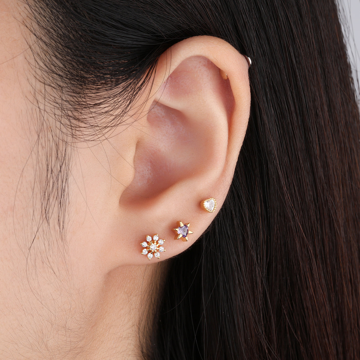 Purple Heart Star Stud - Stainless Steel - Upper Lobe, Helix, Flat - Oumo Jewelry