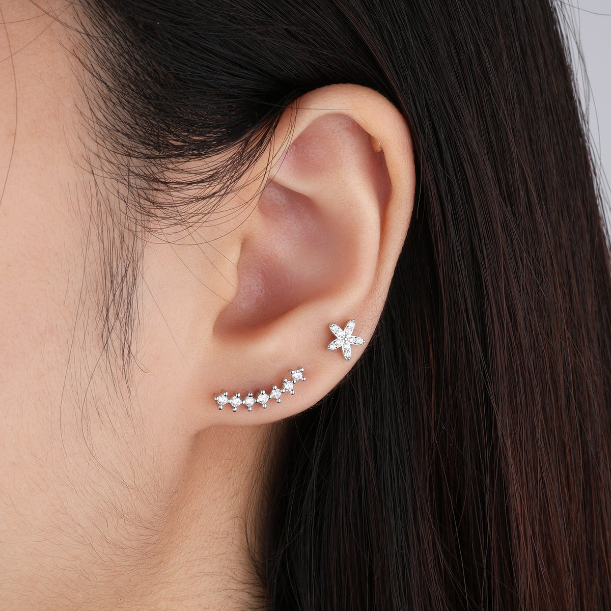 Curved Gemstone Flatback Stud - Stainless Steel - Helix, Upper Lobe, Flat - Oumo Jewelry