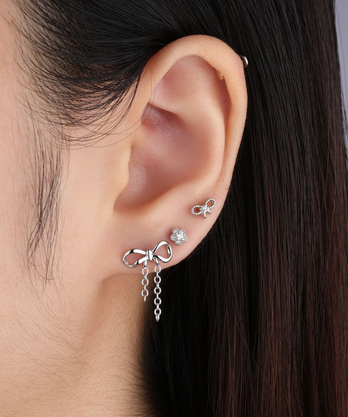 Sweet Bow Chain Drop - Stainless Steel - Upper Lobe, Helix, Flat - Oumo Jewelry
