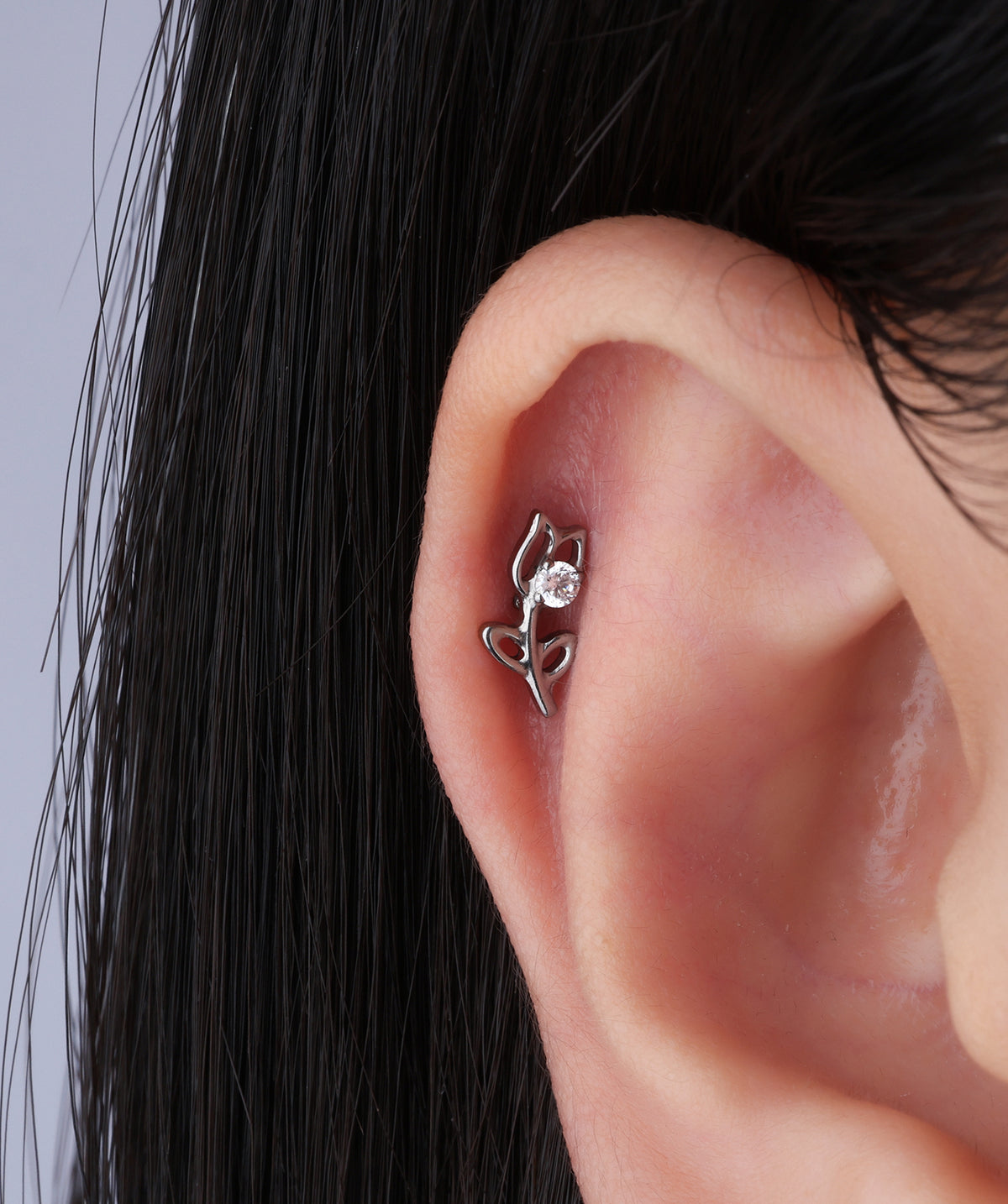 Titanium Rose Flower Flatback Stud - Titanium - Helix, Upper Lobe, Conch - Oumo Jewelry