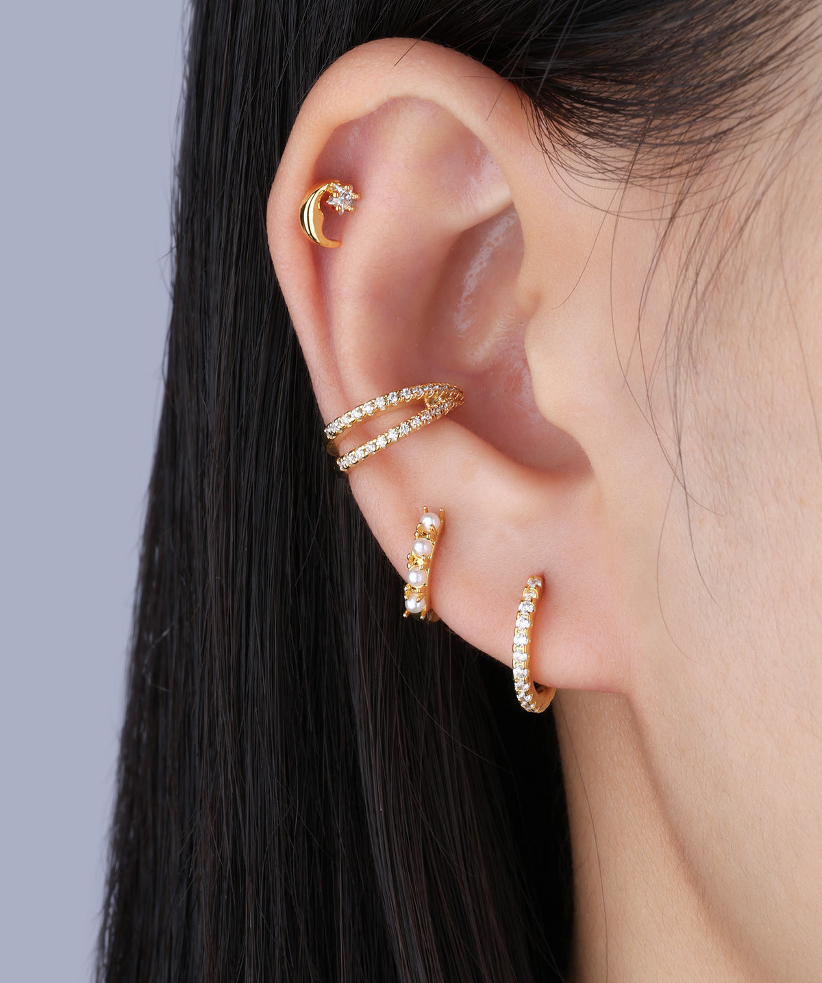 Moon Stud - Stainless Steel - Upper Lobe, Helix - Oumo Jewelry
