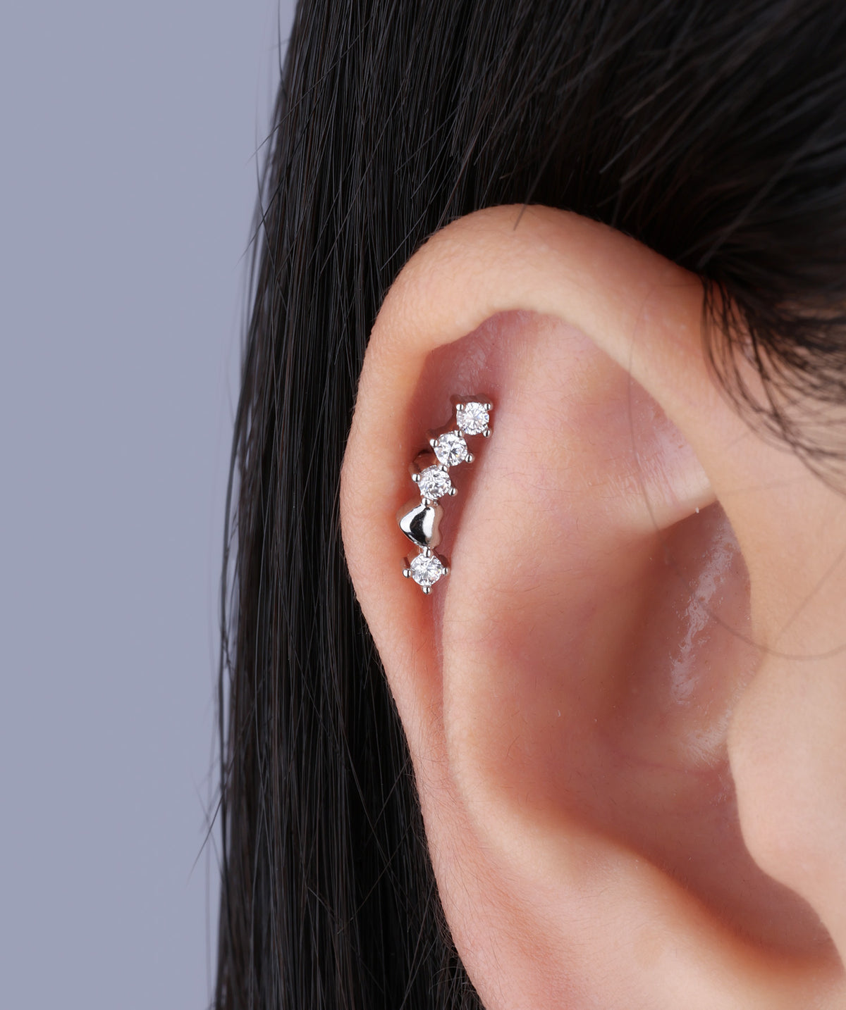 Curved Gem Heart Stud - Stainless Steel - Upper Lobe, Helix, Flat - Oumo Jewelry