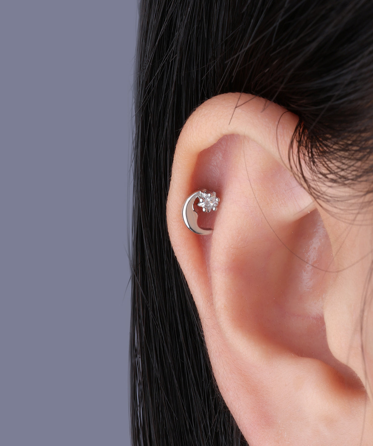 Moon Stud - Stainless Steel - Upper Lobe, Helix - Oumo Jewelry