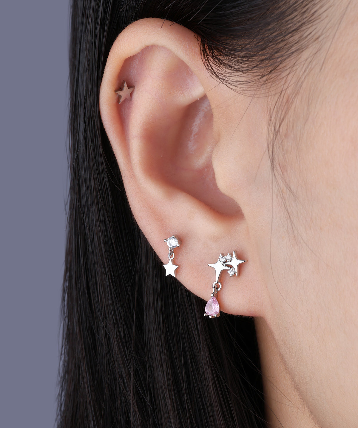 Cute Star Flatback Drop - Sterling Silver 925 - Helix, Forward Helix, Upper Lobe - Oumo Jewelry