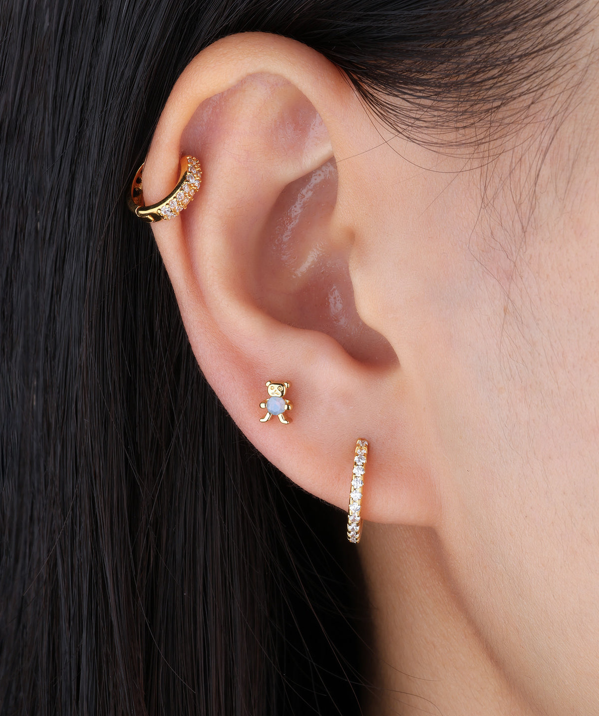 Blue Gem Bear Stud - Stainless Steel - Upper Lobe, Helix, Flat - Oumo Jewelry
