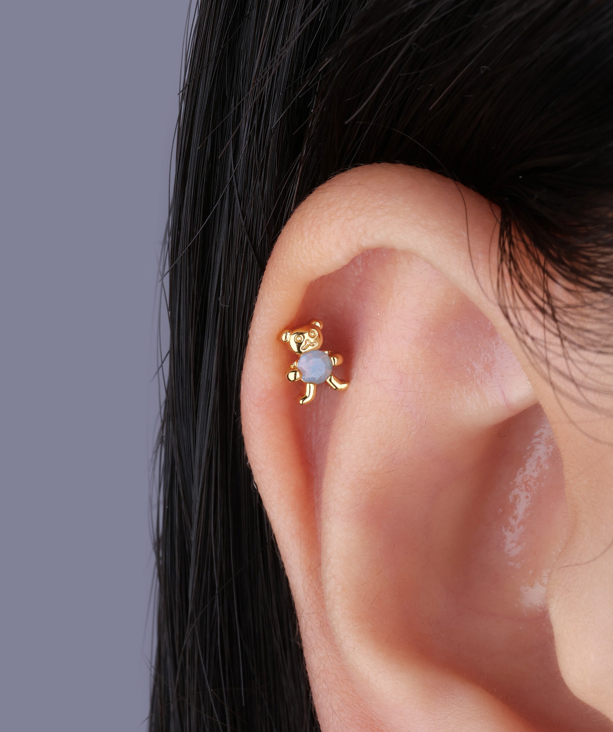 Blue Gem Bear Stud - Stainless Steel - Upper Lobe, Helix, Flat - Oumo Jewelry