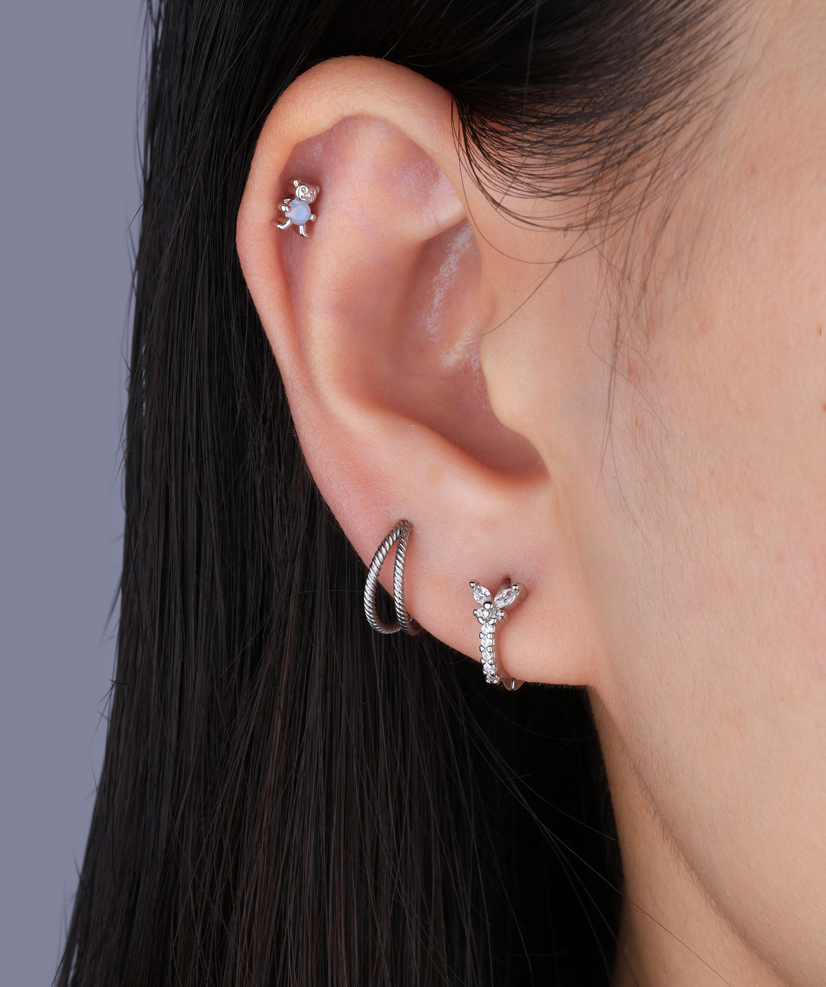 Blue Gem Bear Stud - Stainless Steel - Upper Lobe, Helix, Flat - Oumo Jewelry