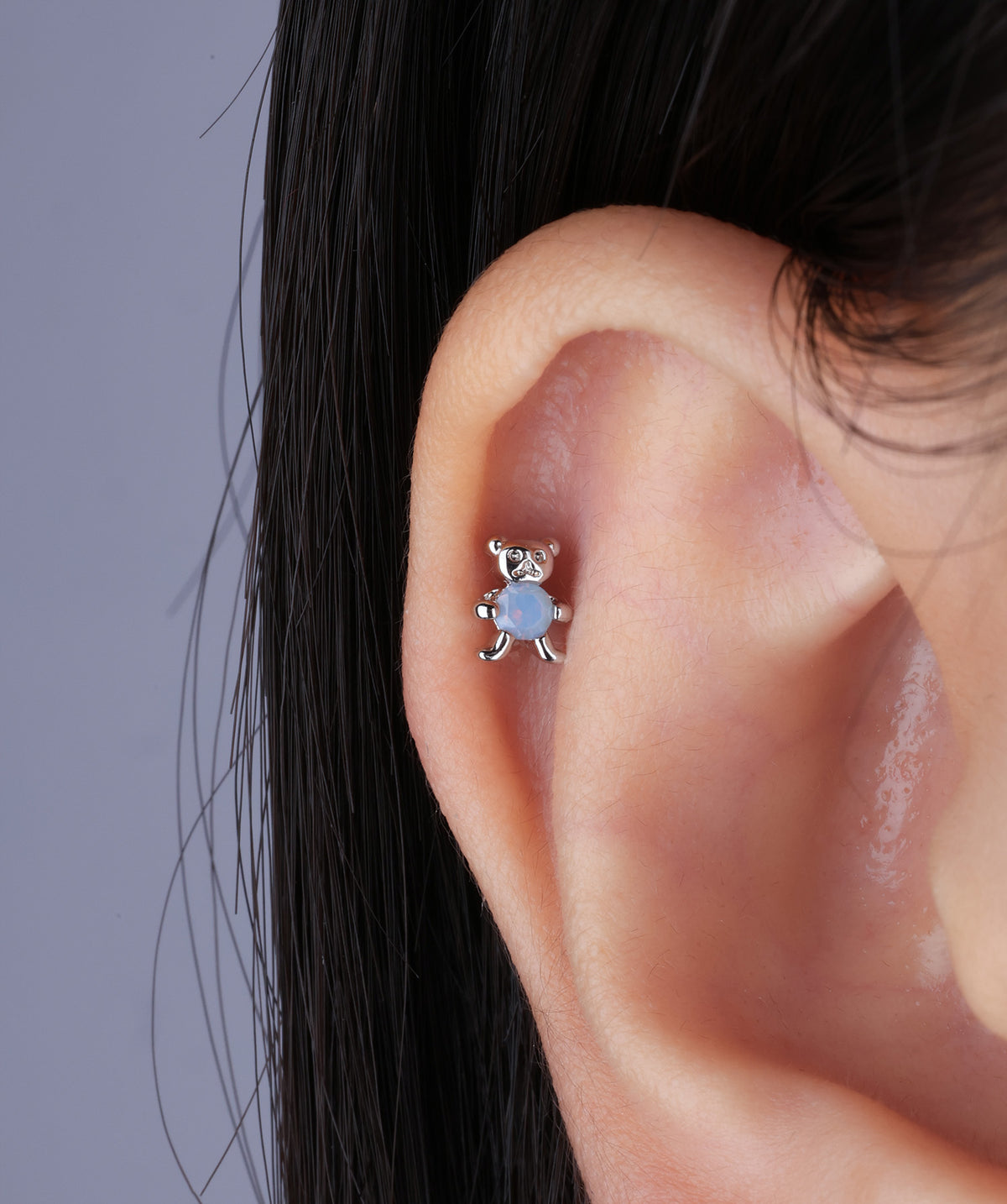Blue Gem Bear Stud - Stainless Steel - Upper Lobe, Helix, Flat - Oumo Jewelry