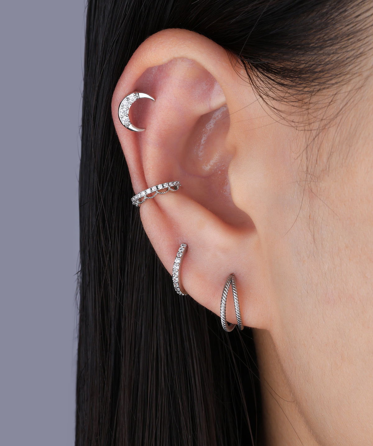 Crescent Moon Stud - Stainless Steel - Upper Lobe, Helix - Oumo Jewelry
