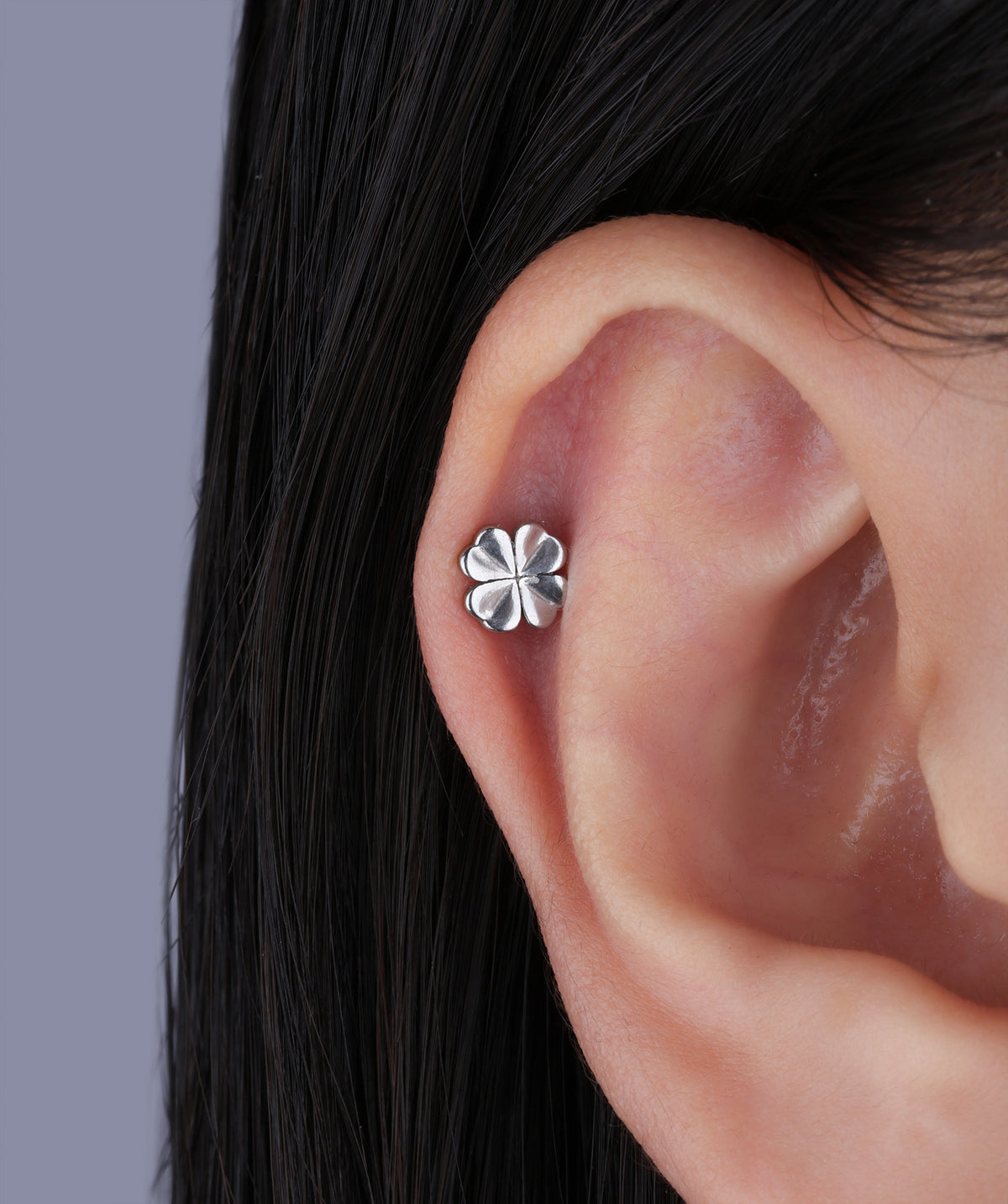 Lucky Clover Flatback Stud - Stainless Steel - Helix, Forward Helix, Upper Lobe - Oumo Jewelry