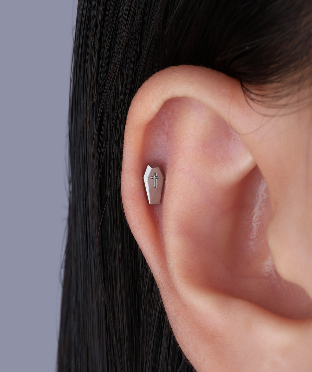 Titanium Cross Coffin Flatback Stud - Titanium - Helix, Upper Lobe, Conch - Oumo Jewelry