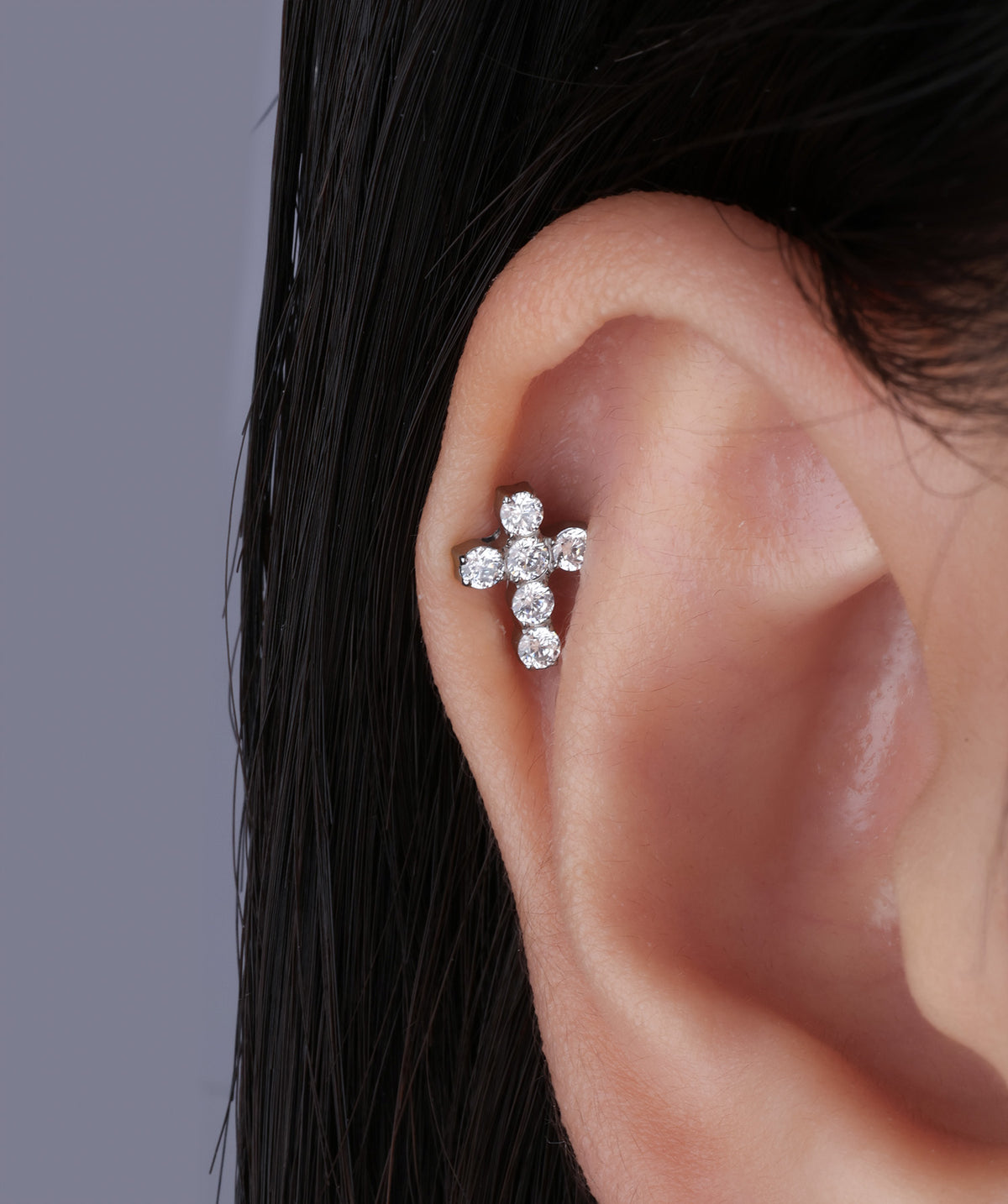 Titanium Cross Gems Flatback Stud - Titanium - Helix, Conch, Flat - Oumo Jewelry