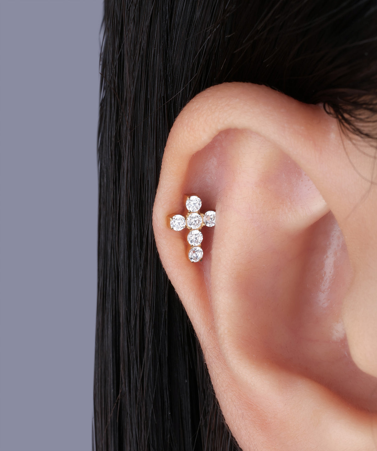 Titanium Cross Gems Flatback Stud - Titanium - Helix, Conch, Flat - Oumo Jewelry
