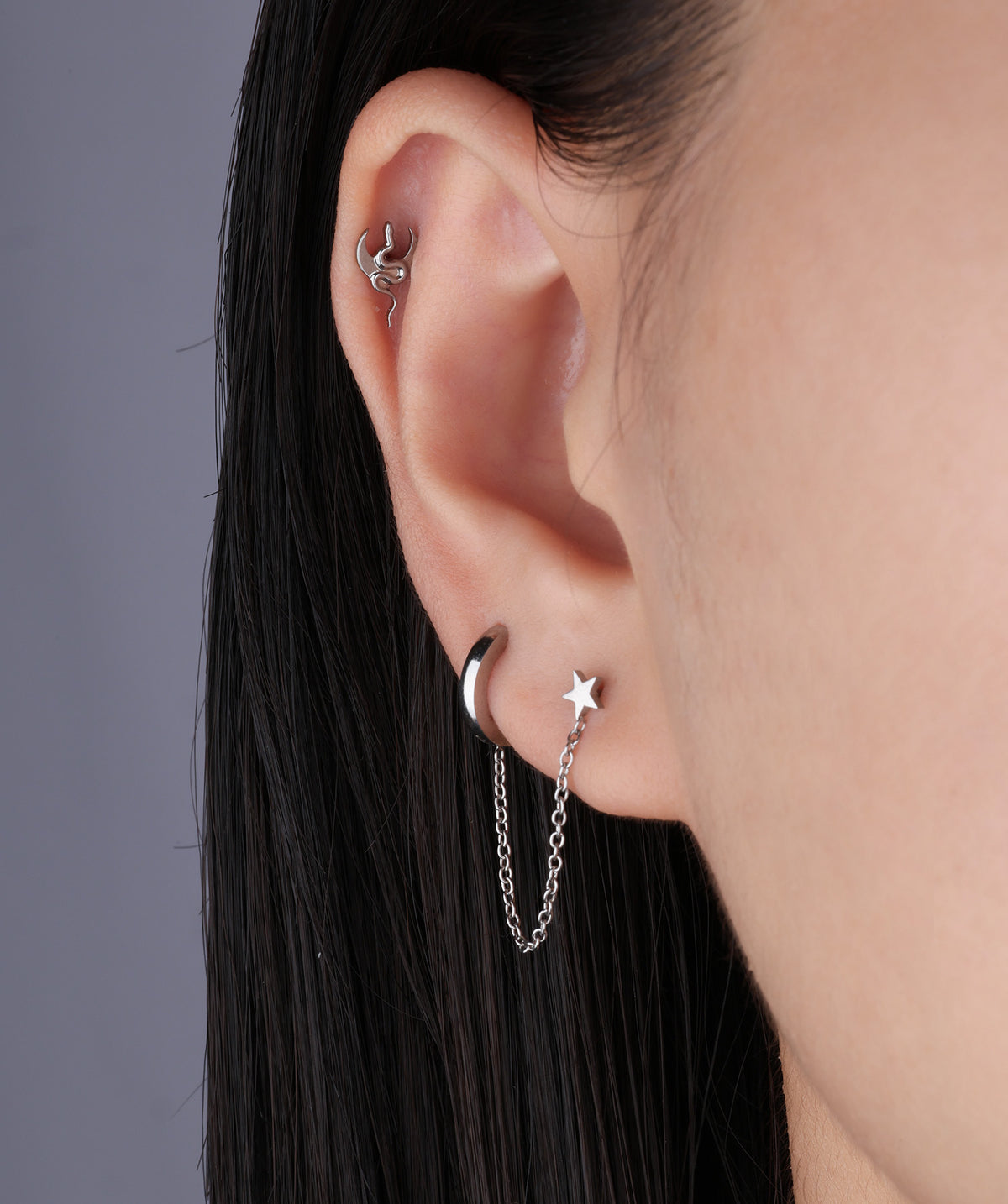 Titanium Moon Snake Flatback Stud - Titanium - Helix, Upper Lobe, Conch - Oumo Jewelry