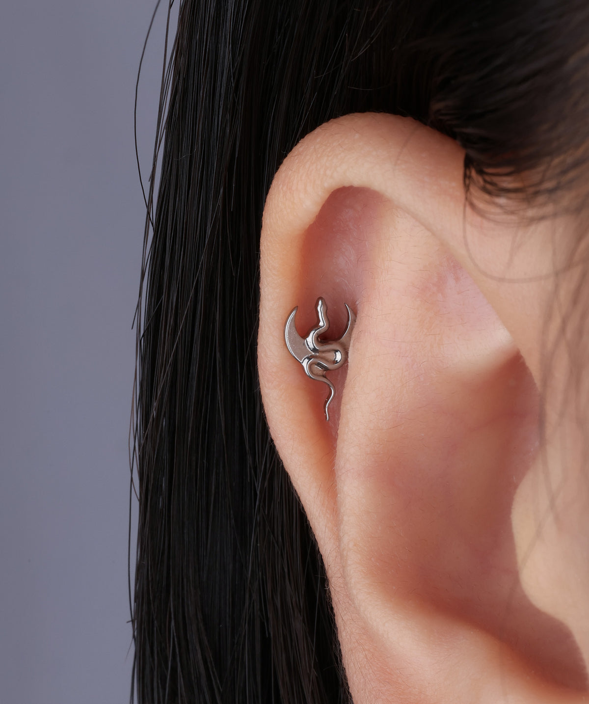 Titanium Moon Snake Flatback Stud - Titanium - Helix, Upper Lobe, Conch - Oumo Jewelry