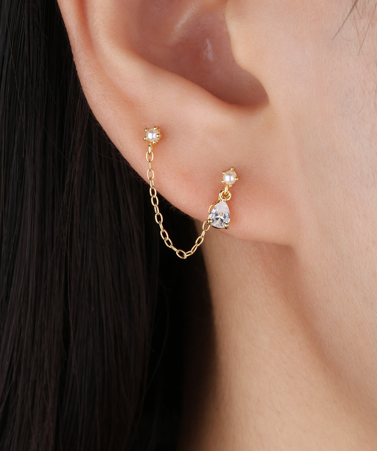 Pearl Water Drop Chain - Sterling Silver 925 - Lobe, Upper Lobe - Oumo Jewelry