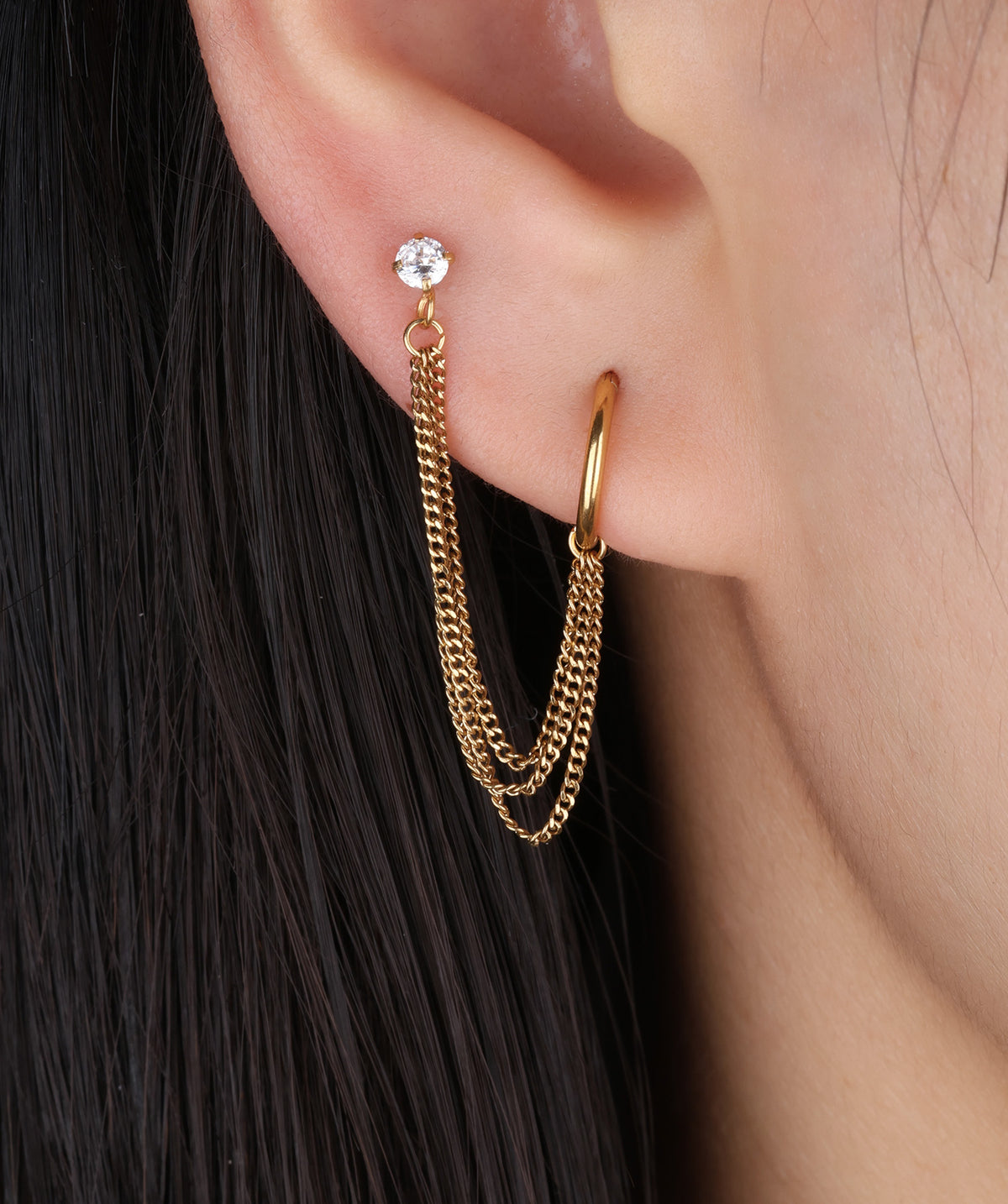Triple Chain Earring - Stainless Steel - Lobe, Upper Lobe - Oumo Jewelry