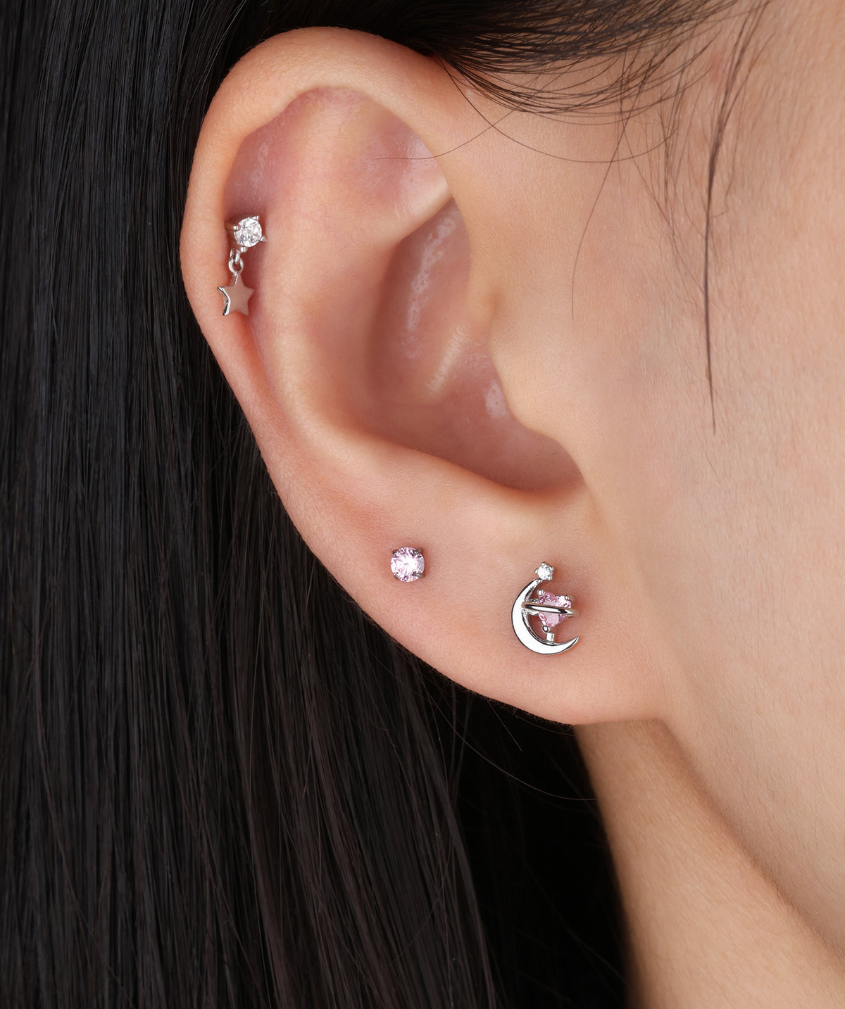 Charming Heart Moon Stud - Stainless Steel - Upper Lobe, Helix - Oumo Jewelry
