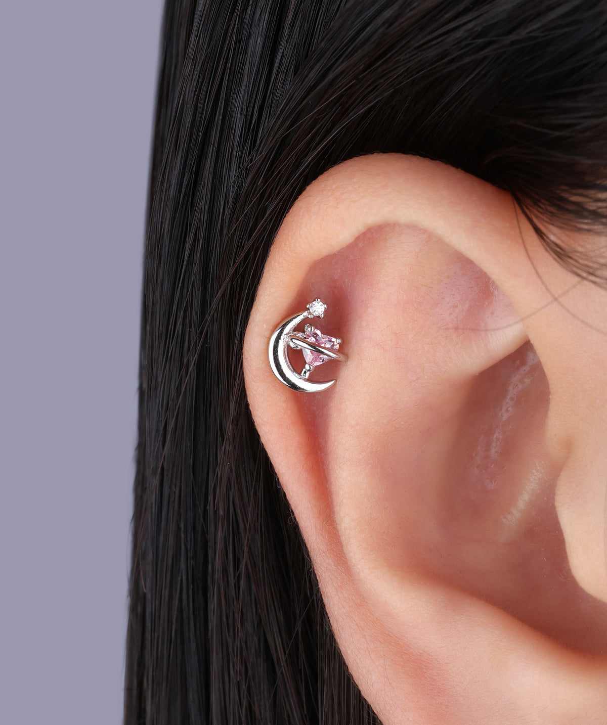 Charming Heart Moon Stud - Stainless Steel - Upper Lobe, Helix - Oumo Jewelry