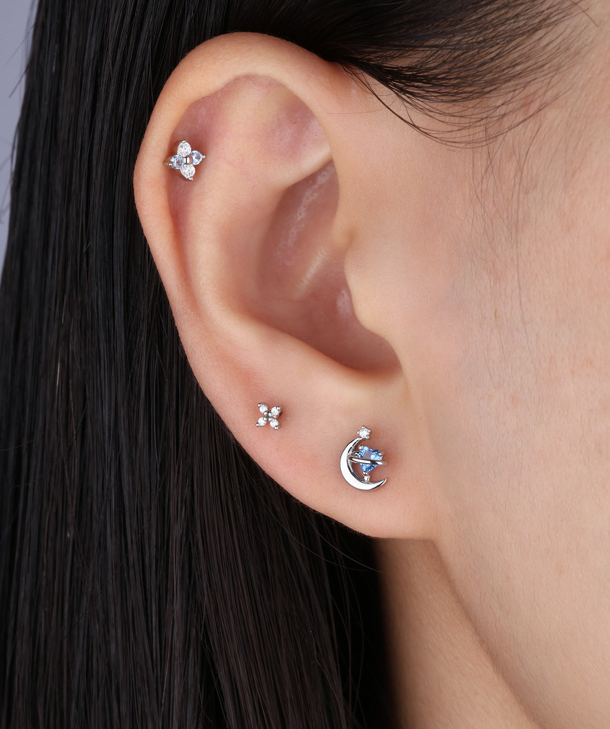 Charming Heart Moon Stud - Stainless Steel - Upper Lobe, Helix - Oumo Jewelry