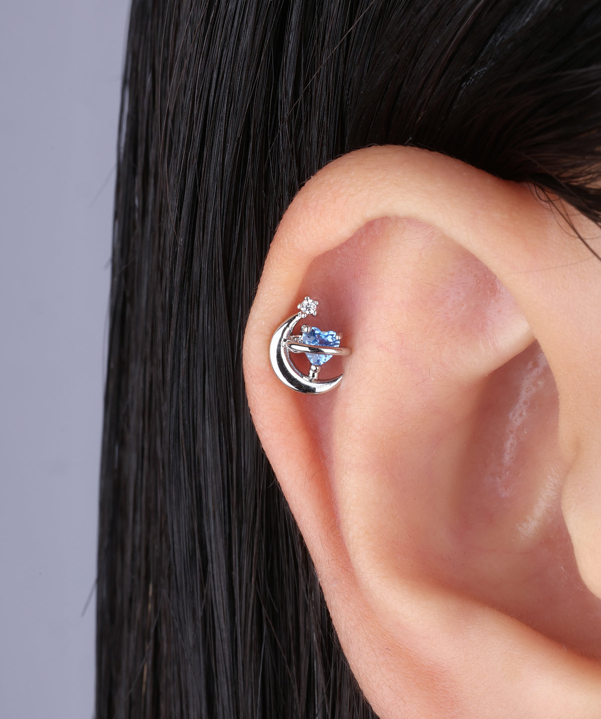 Charming Heart Moon Stud - Stainless Steel - Upper Lobe, Helix - Oumo Jewelry
