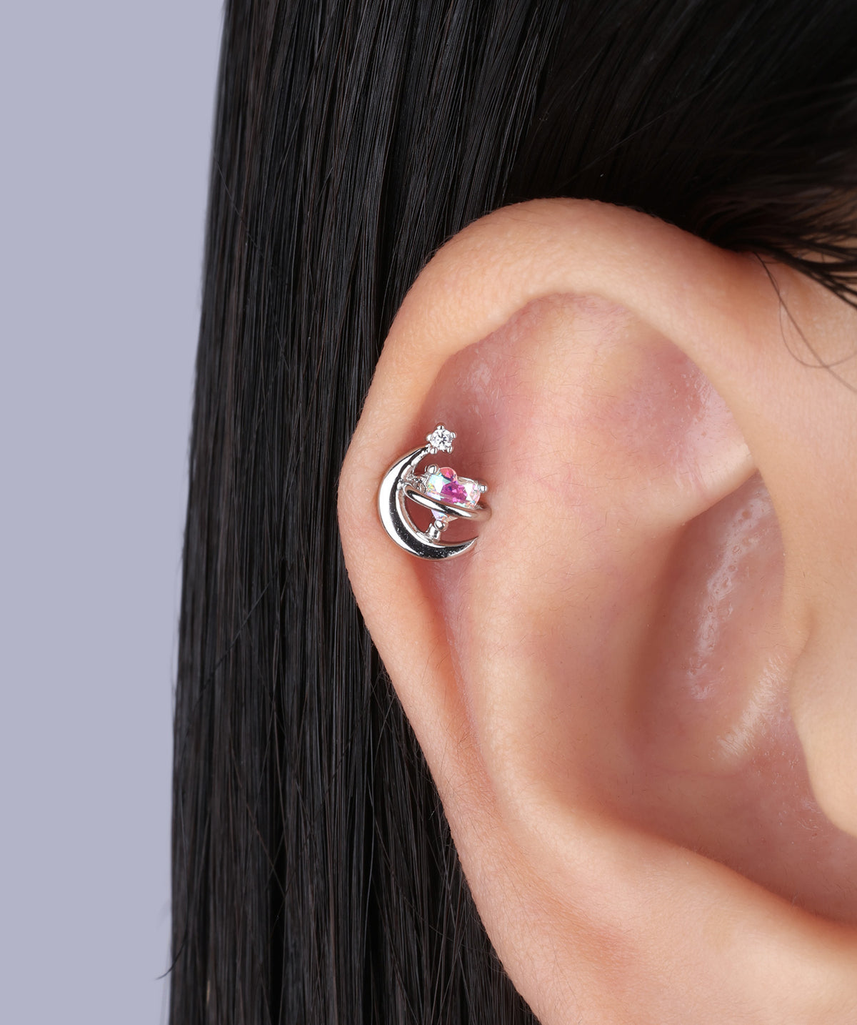 Charming Heart Moon Stud - Stainless Steel - Upper Lobe, Helix - Oumo Jewelry