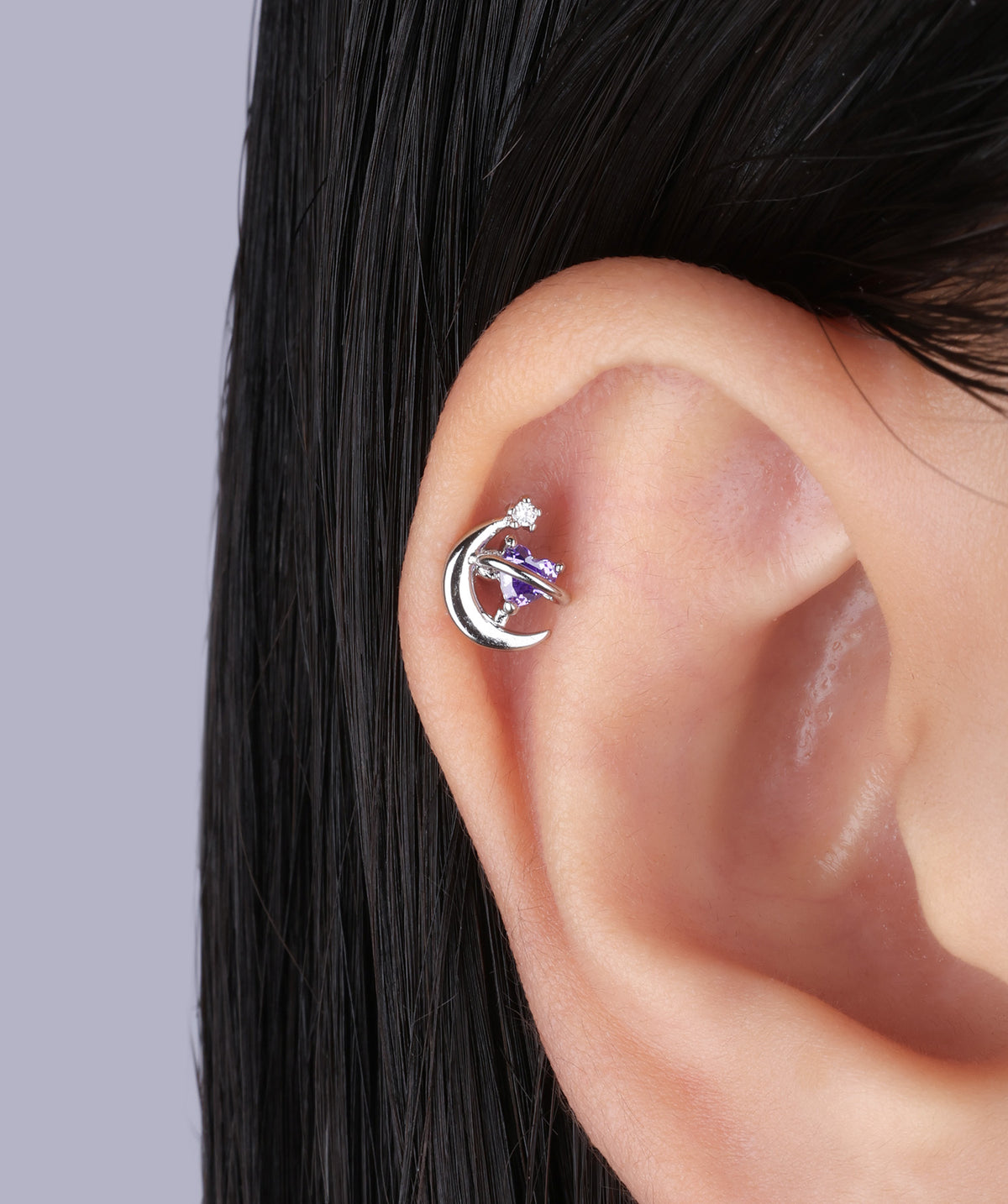 Charming Heart Moon Stud - Stainless Steel - Upper Lobe, Helix - Oumo Jewelry