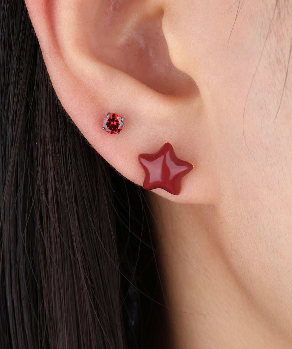 Red Enamel Star Studs - Brass - Oumo Jewelry