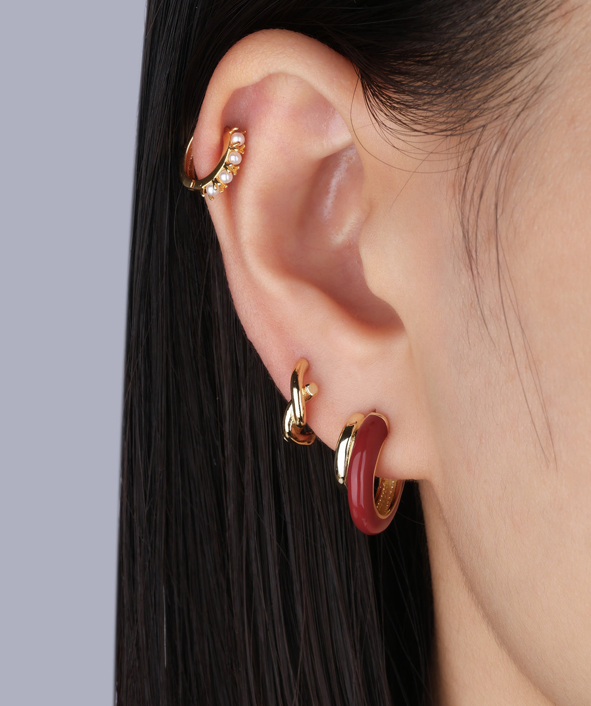 Red Enamel Double Hoops - Brass - Oumo Jewelry