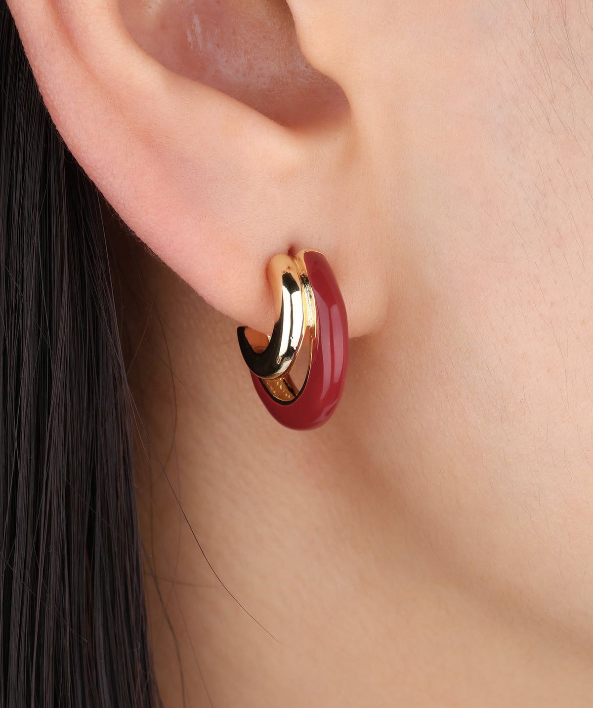 Red Enamel Double Hoops - Brass - Oumo Jewelry