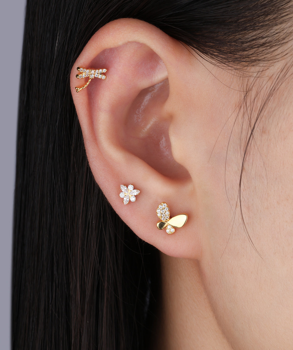 Titanium Shiny Dragonfly Flatback Stud - Titanium - Helix, Upper Lobe, Conch - Oumo Jewelry