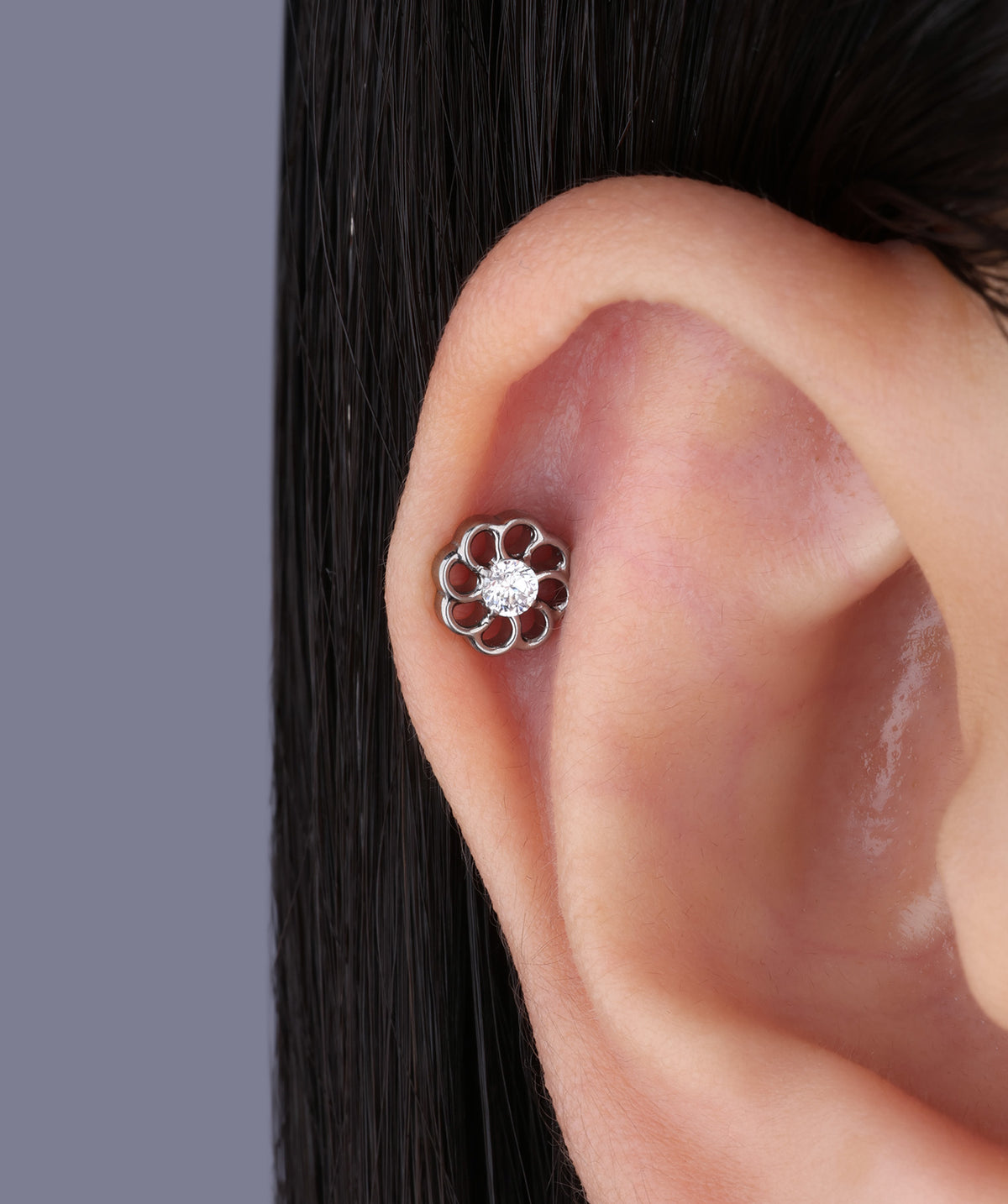 Titanium Delicate Flower Flatback Stud - Titanium - Helix, Upper Lobe, Conch - Oumo Jewelry