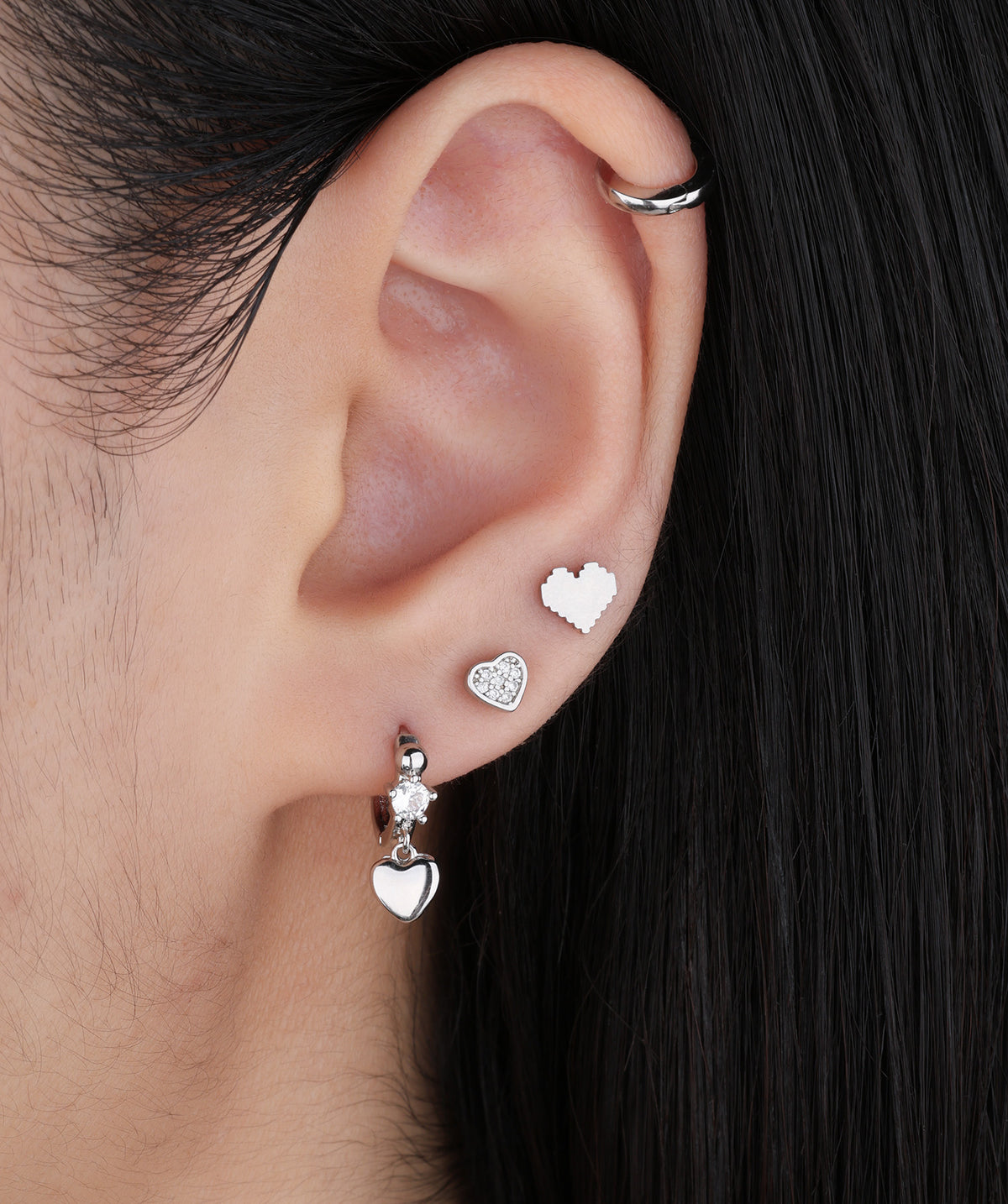 Pixel Heart Flatback Stud - Stainless Steel - Helix, Upper Lobe, Conch - Oumo Jewelry