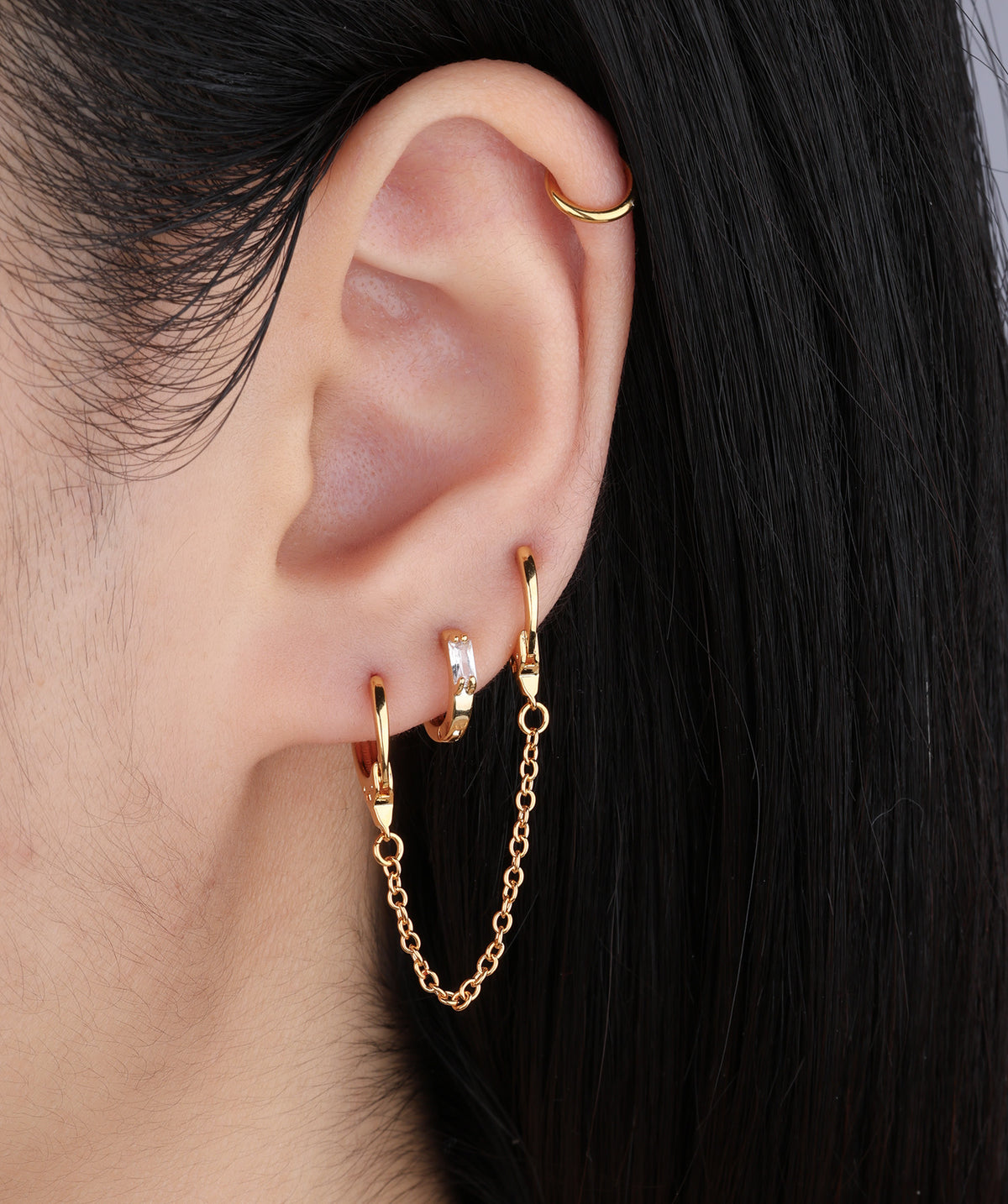Simple Rectangular Gem Hoop - Brass - Upper Lobe, Helix - Oumo Jewelry