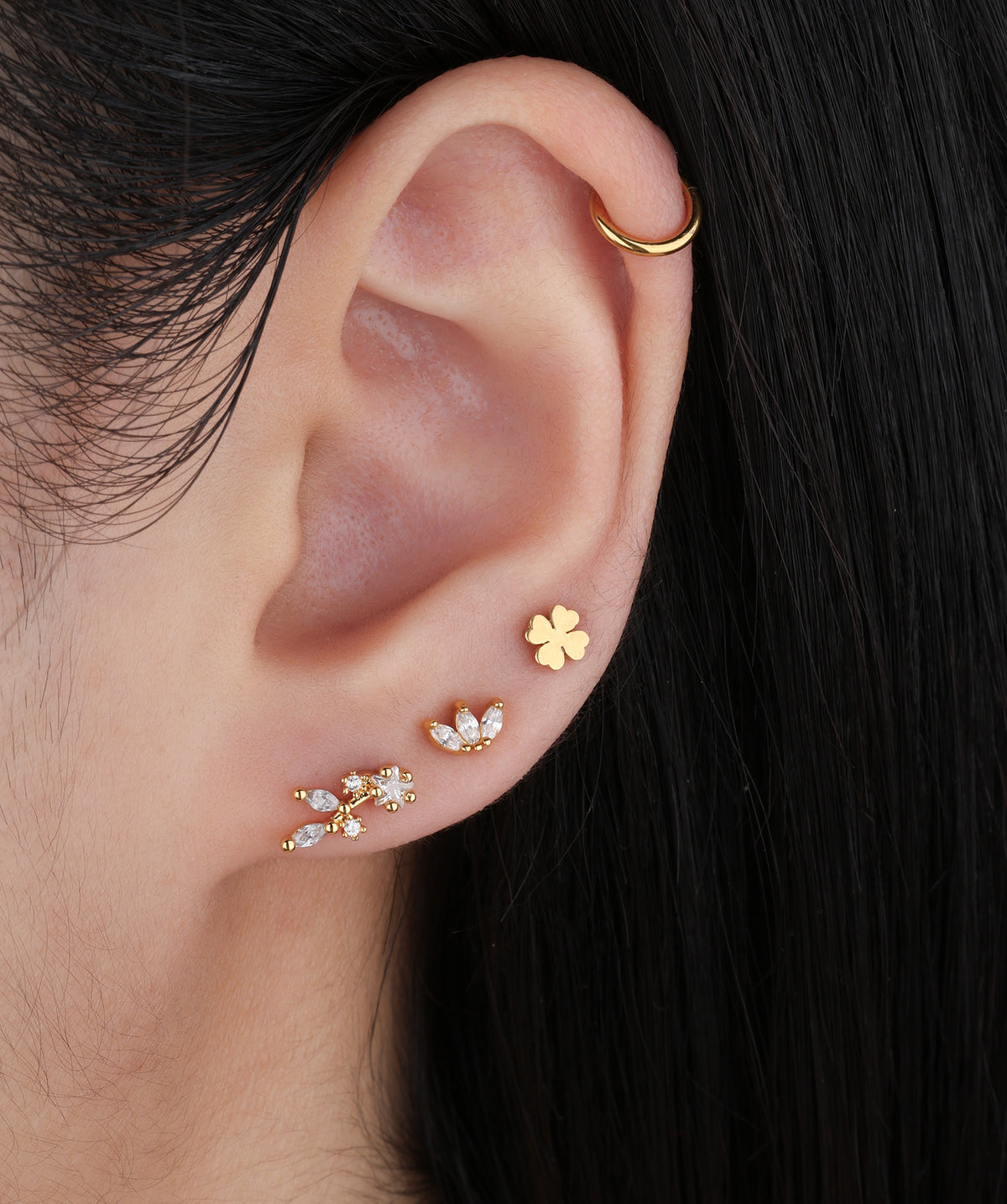 Lucky Leaf Clover Flatback Stud - Stainless Steel - Helix, Upper Lobe, Conch - Oumo Jewelry
