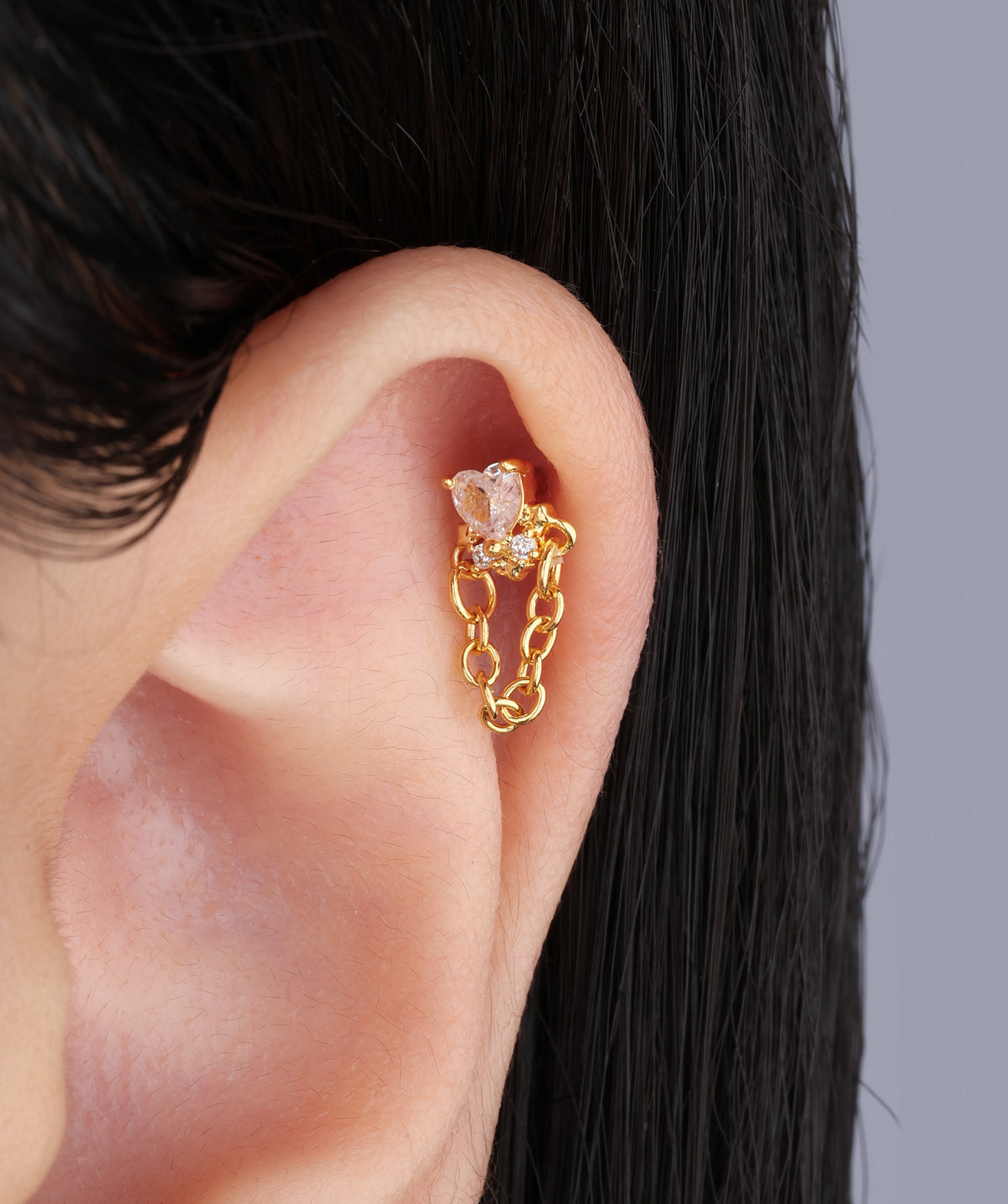 Heart Chain Stud - Stainless Steel - Upper Lobe, Flat - Oumo Jewelry
