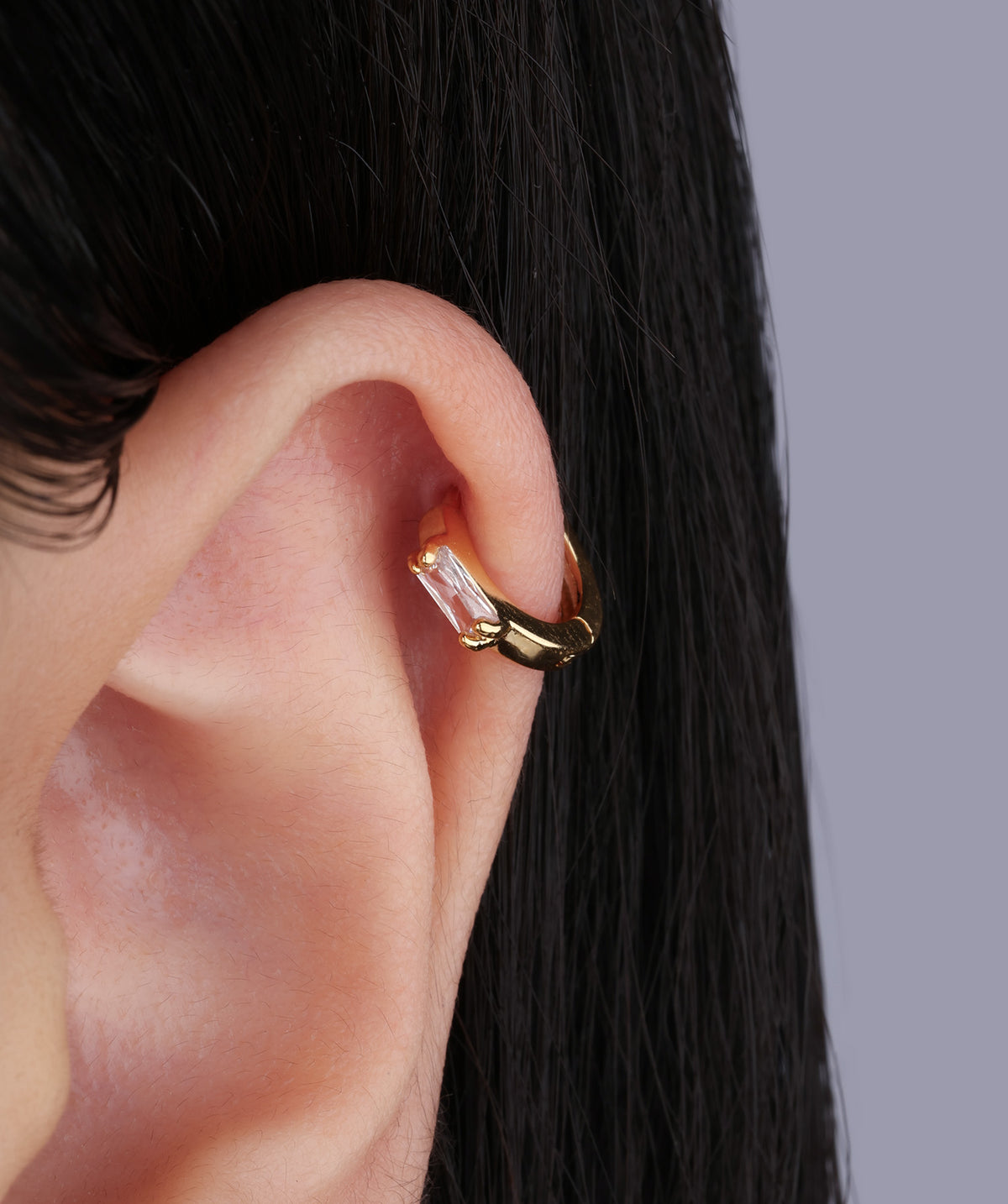 Simple Rectangular Gem Hoop - Brass - Upper Lobe, Helix - Oumo Jewelry
