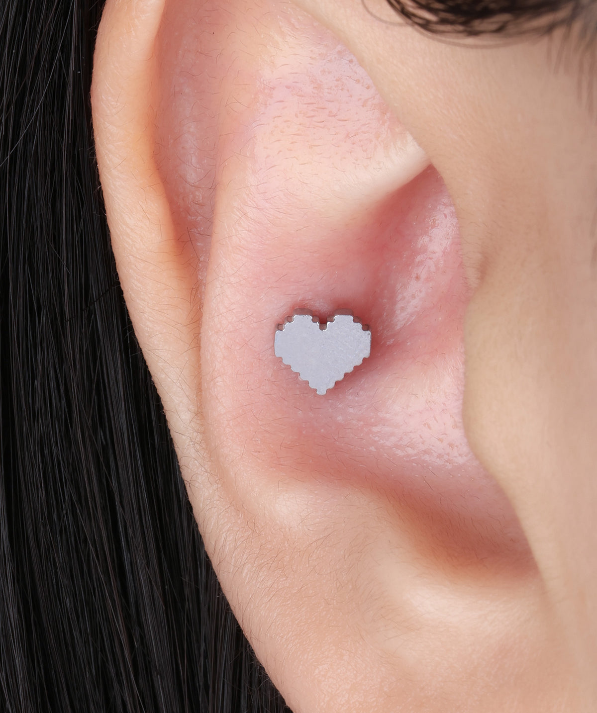Pixel Heart Flatback Stud - Stainless Steel - Helix, Upper Lobe, Conch - Oumo Jewelry