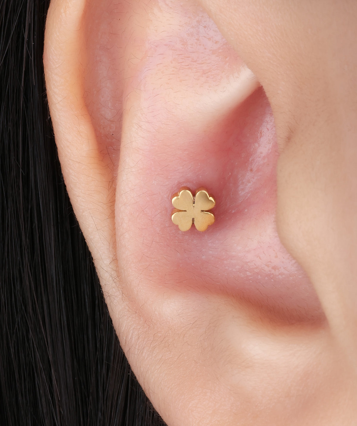 Lucky Leaf Clover Flatback Stud - Stainless Steel - Helix, Upper Lobe, Conch - Oumo Jewelry