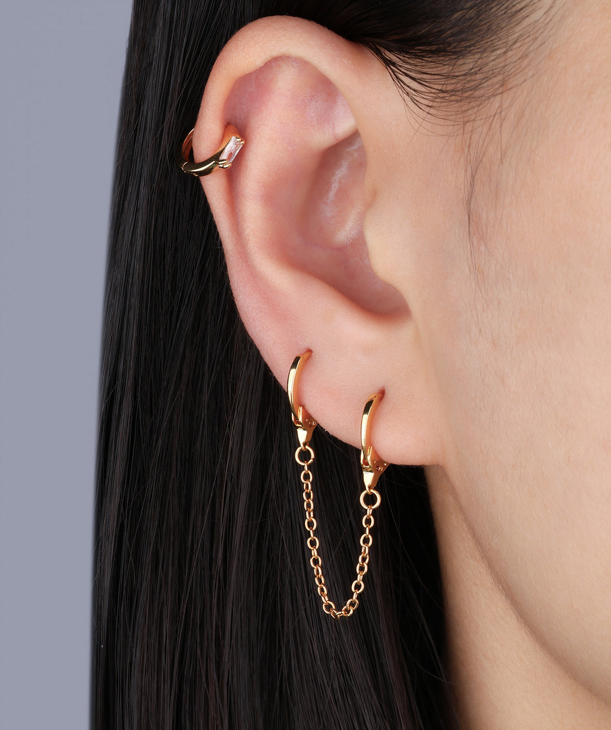 Simple Rectangular Gem Hoop - Brass - Upper Lobe, Helix - Oumo Jewelry