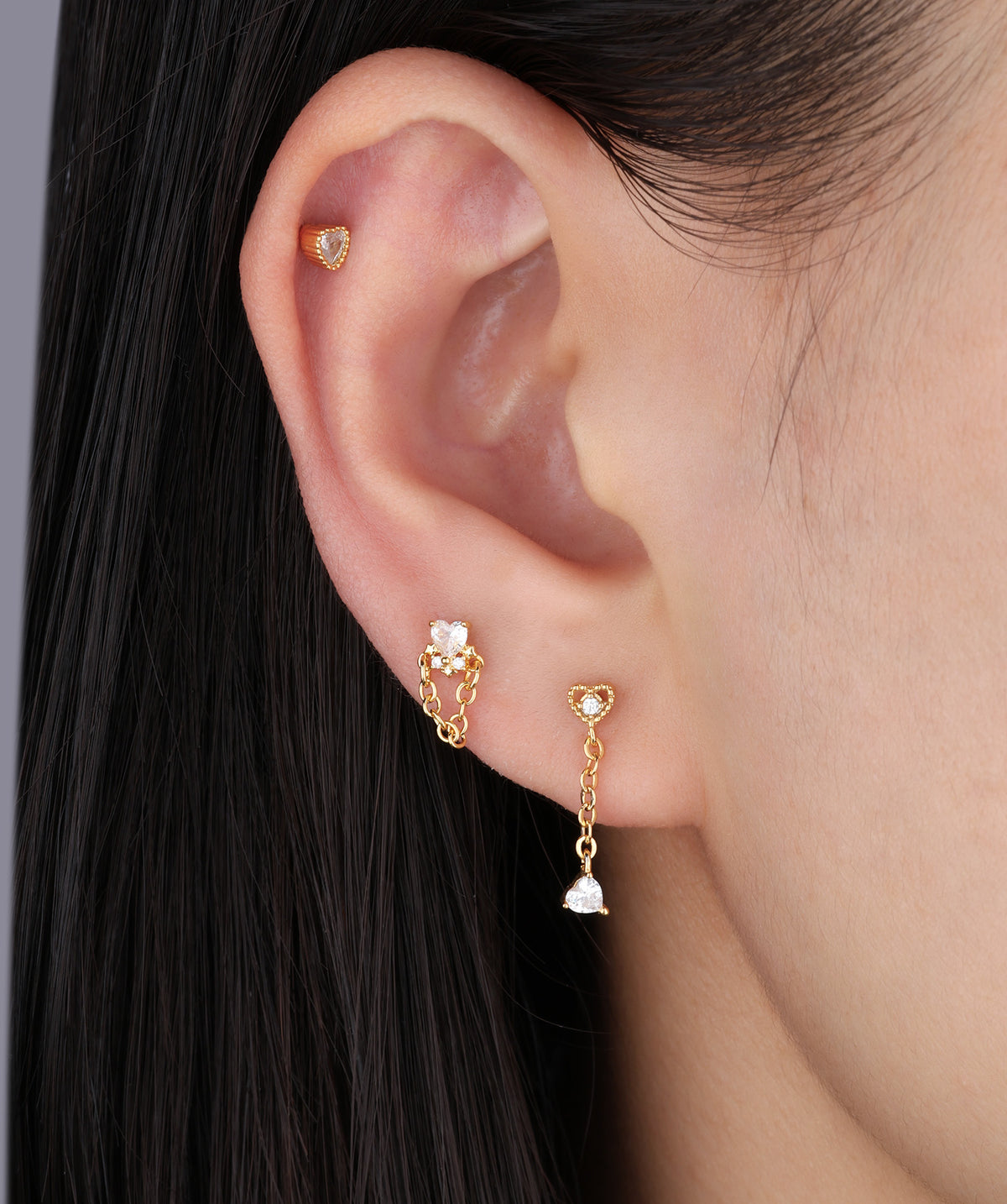 Heart Chain Stud - Stainless Steel - Upper Lobe, Flat - Oumo Jewelry