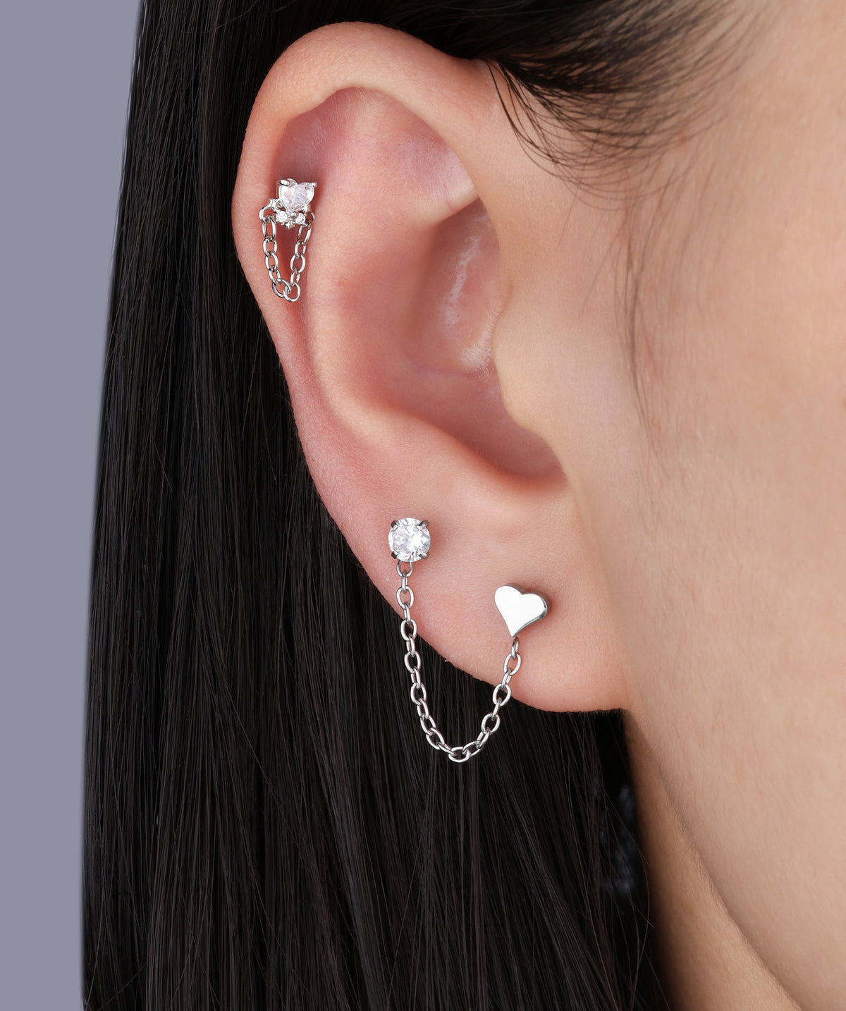 Heart Chain Stud - Stainless Steel - Upper Lobe, Flat - Oumo Jewelry