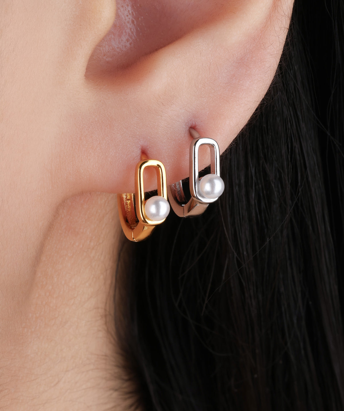 Pearl Paper Clip Hoop - Brass - Upper Lobe - Oumo Jewelry