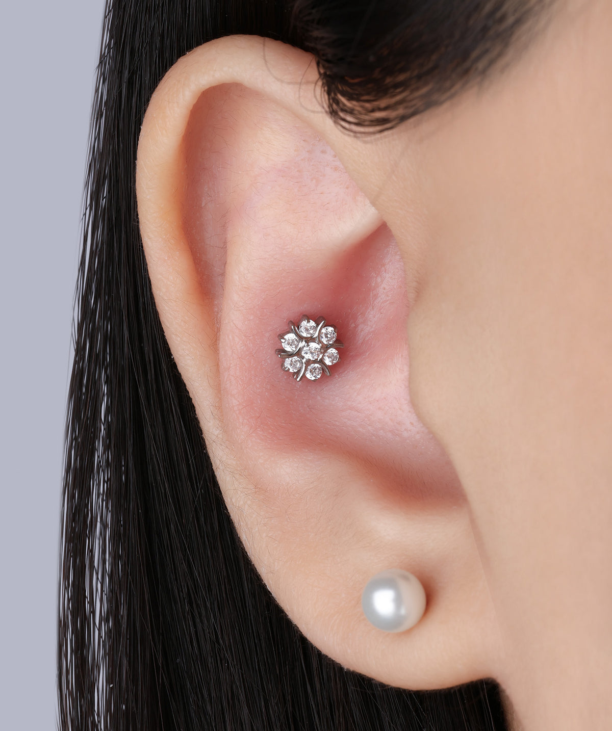 Titanium Exquisite Flower Flatback Stud - Titanium - Helix, Upper Lobe, Conch - Oumo Jewelry