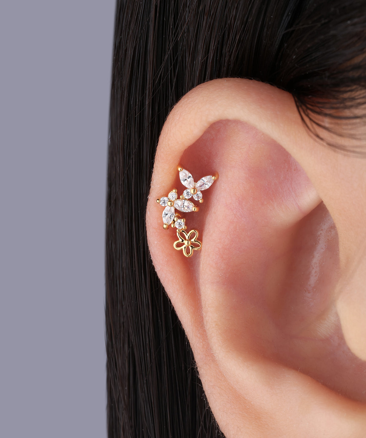 Butterfly Flower Stud - Stainless Steel - Upper Lobe, Helix, Flat - Oumo Jewelry